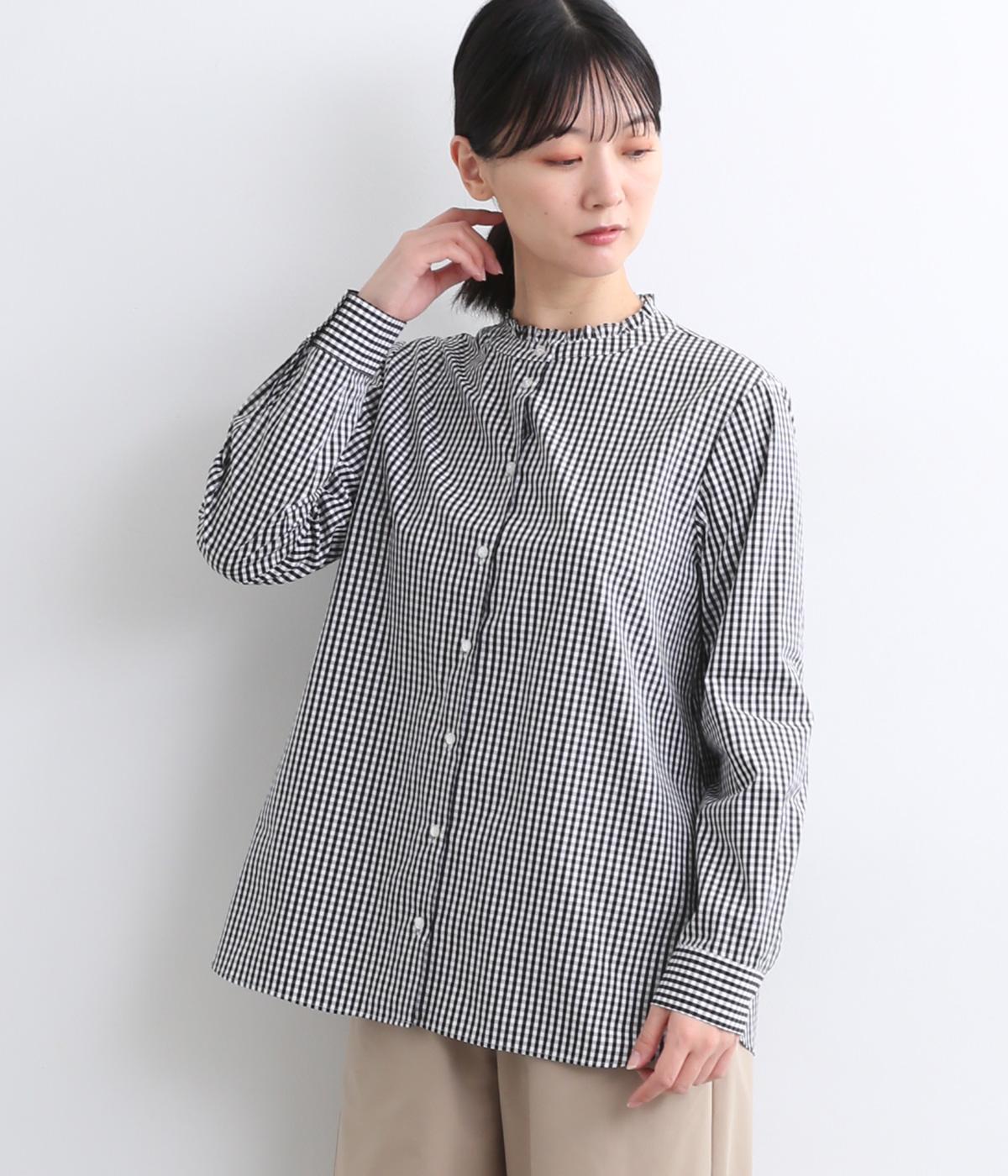 コットンブロードスタンドフリルブラウス(ギンガムブラック-F)