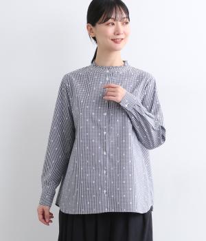 コットンブロードスタンドフリルブラウス(フラワーギンガムネイビー-F)