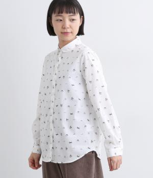 コットンオリジナルプリント丸襟ボタンダウンシャツ(オフホワイト-F)