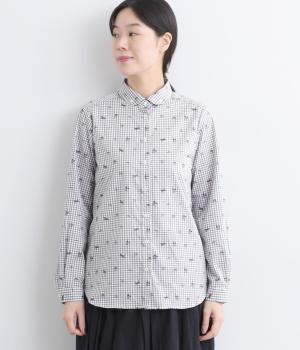 コットンオリジナルプリント丸襟ボタンダウンシャツ(グレーギンガムチェック-F)