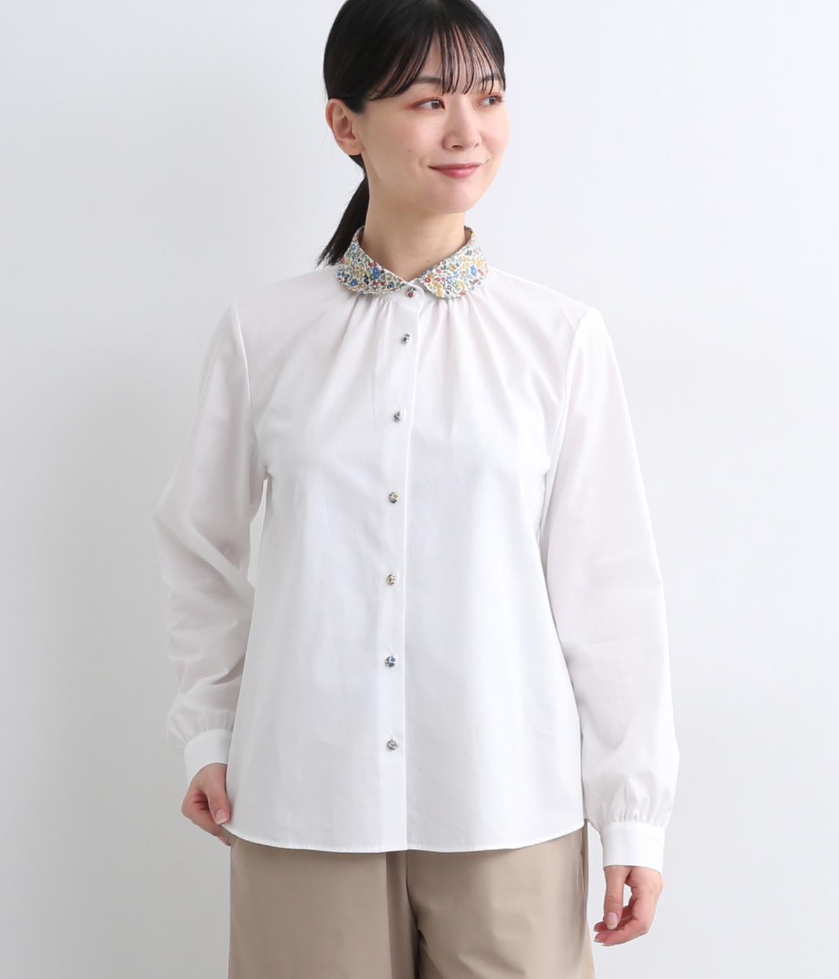 コットンリバティくるみ釦ピカデリーポプリン丸襟ギャザーブラウス(オフホワイト①-F)