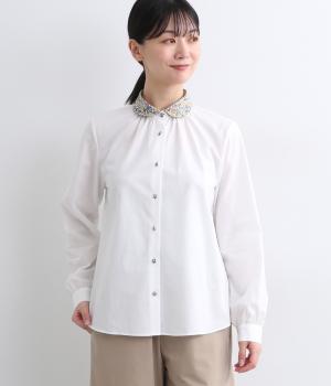 コットンリバティくるみ釦ピカデリーポプリン丸襟ギャザーブラウス(オフホワイト①-F)