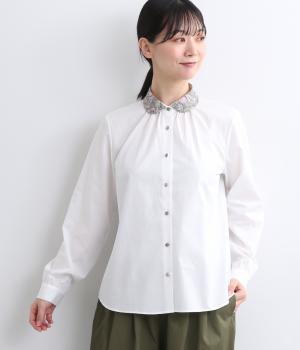 コットンリバティくるみ釦ピカデリーポプリン丸襟ギャザーブラウス(オフホワイト②-F)