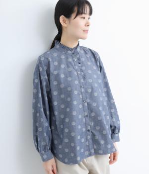 コットン先染めダンガリージャカード播州織フリルブラウス(ブルー-F)