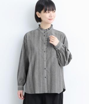 コットン先染めダンガリージャカード播州織フリルブラウス(ブラック-F)