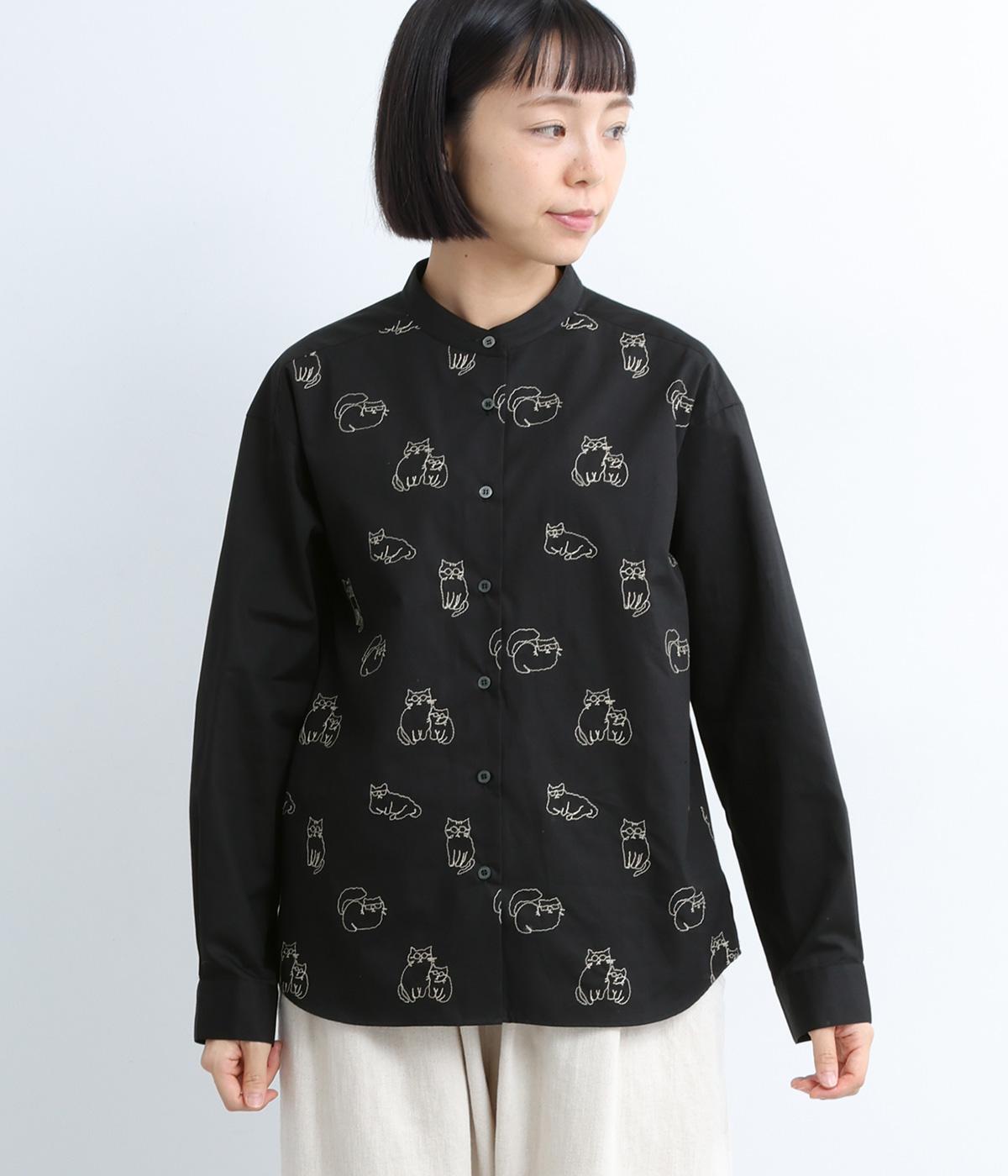 コットンバンドカラードロップショルダーシャツ(ブラック-F)