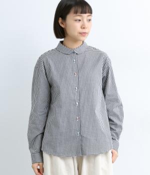 コットンリバティアソートくるみ釦重ね襟裾ラウンドカットシャツ(ギンガムチェック-F)