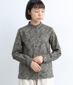 コットンローンワントーンフォレストスタンドフリルシャツ(ブラック-F)