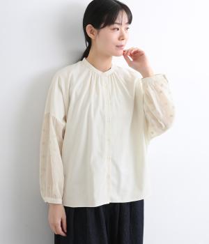 コットンウールガーゼドット刺繍スタンドからープルオーバーブラウス