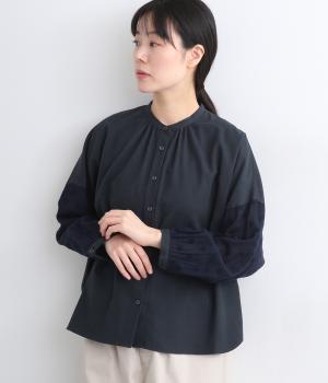 コットンウールガーゼドット刺繍スタンドからープルオーバーブラウス(ネイビー-F)