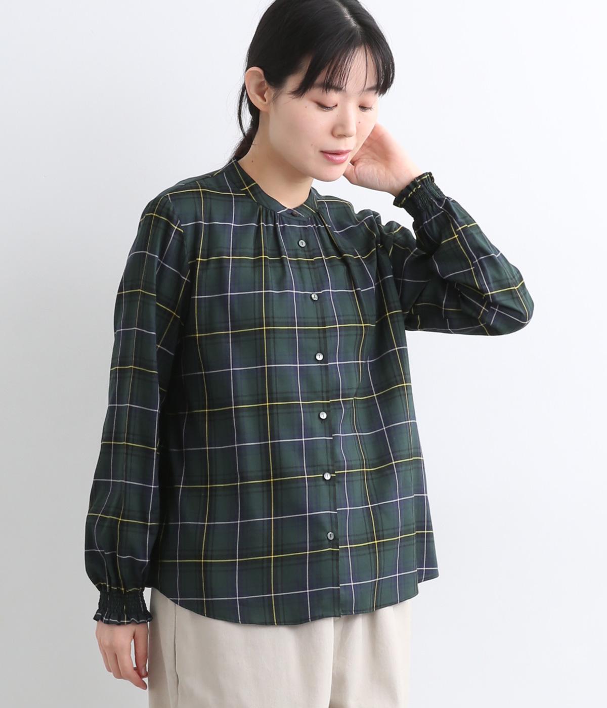 コットンレーヨンスタンドカラーシャーリング袖ブラウス(グリーン系-F)