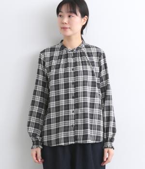 コットンレーヨンスタンドカラーシャーリング袖ブラウス(グレー系-F)