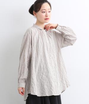 へリンボンシャーリングギャザーチュニックシャツ(ブラウンストライプ-F)