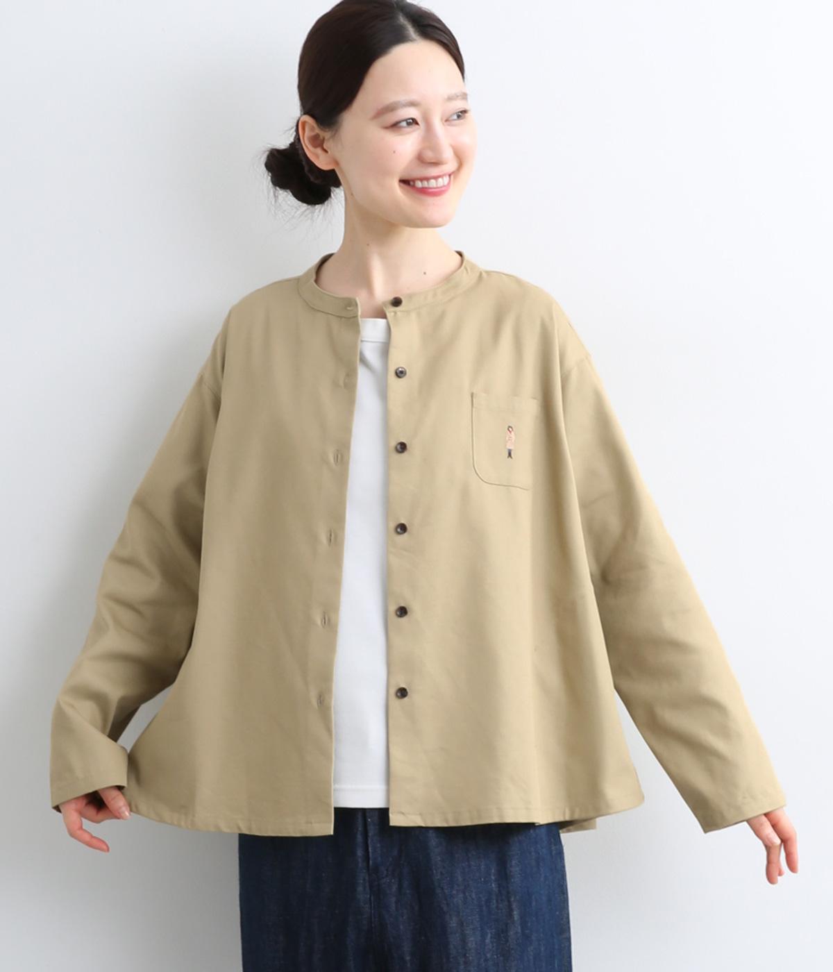 デニムライクツイルポイント刺繍フレア羽織ポケット付きシャツ(ベージュ-F)