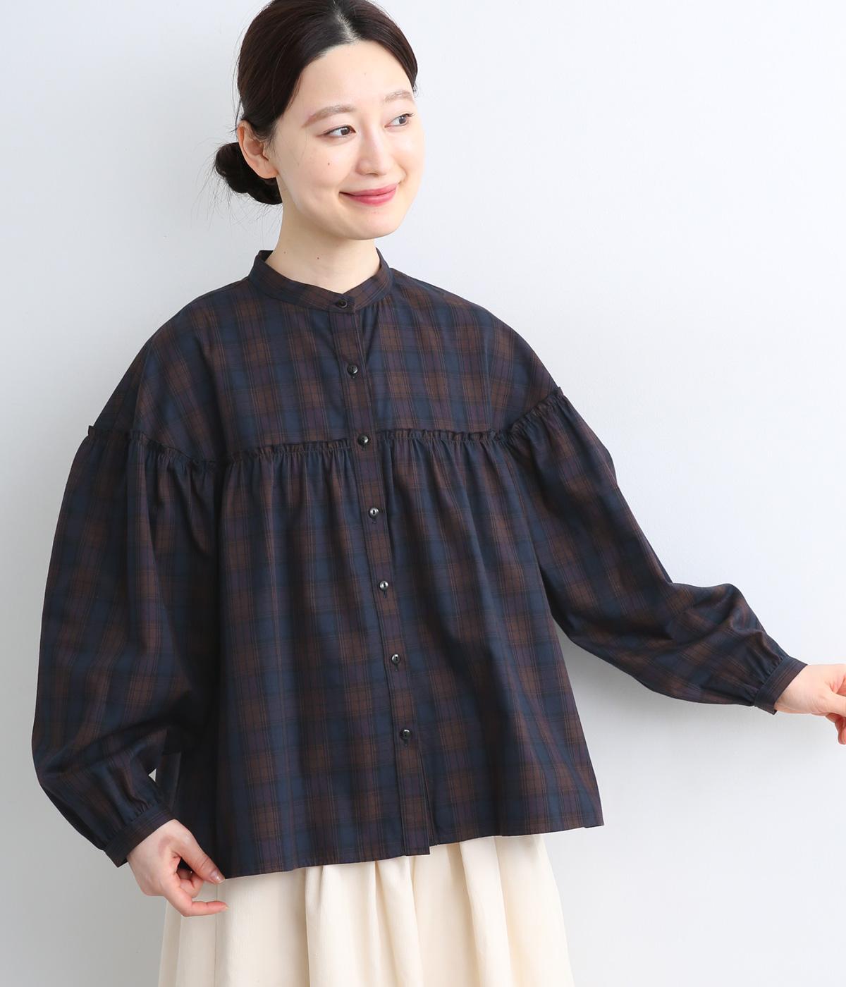 コットンピケスタンドカラーヨーク切り替えギャザーブラウス(ボルドー系-F)