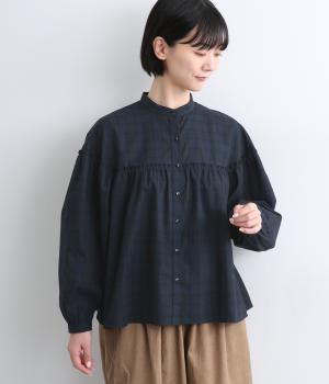 コットンピケスタンドカラーヨーク切り替えギャザーブラウス(ネイビー系-F)