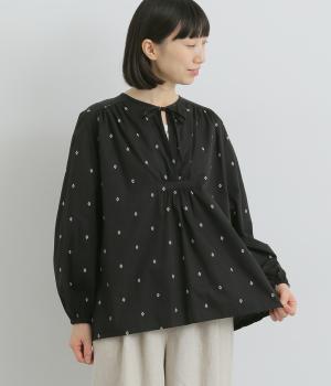カットジャカードギャザーカフタンブラウス(ブラック-F)