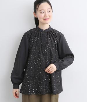 スパンナナローン星屑柄ギャザーフレアープルオーバーブラウス