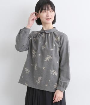 杢ビエラヨーク刺繍重ね襟プルオーバーブラウス(ライトグレー-F)