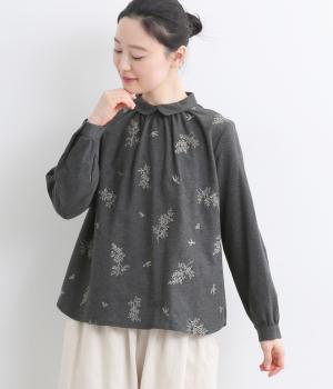 杢ビエラヨーク刺繍重ね襟プルオーバーブラウス(チャコール-F)