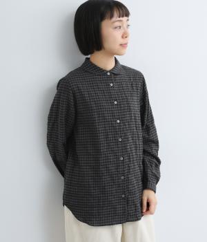 ヘリンボーンシャーリングチェックフラット風丸襟レギュラーシャツ