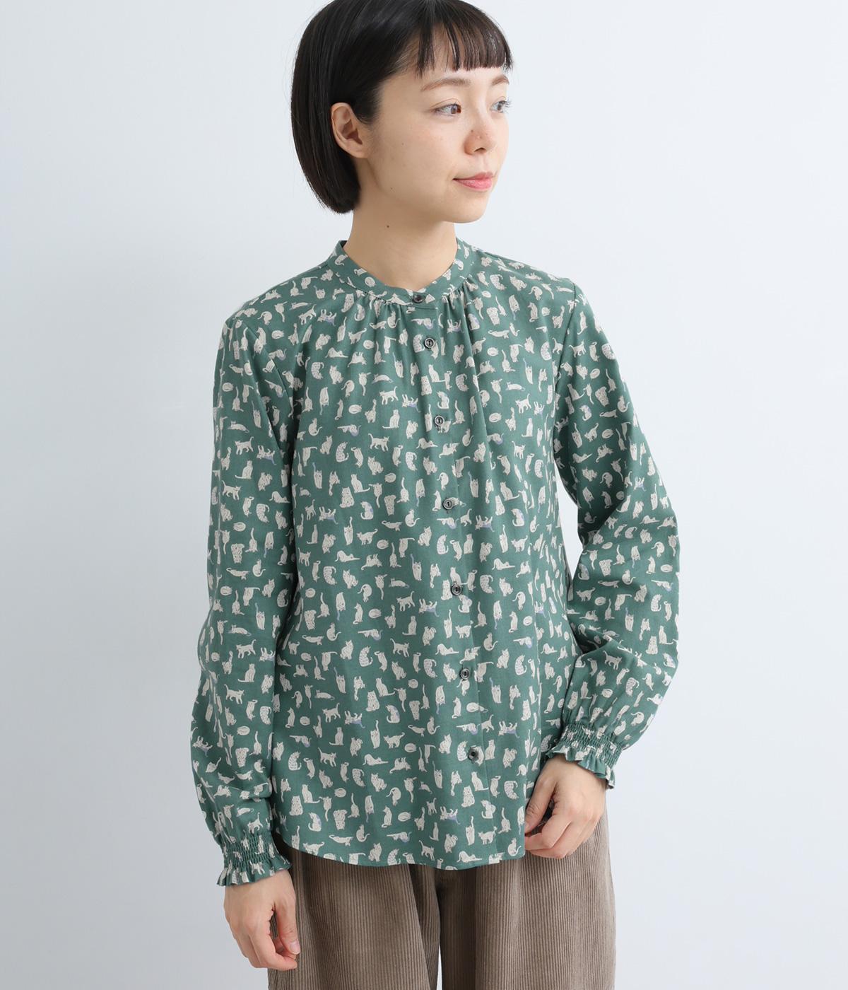 ビエラエンジェルソフトねこシャーリング袖ブラウス(グリーン-F)