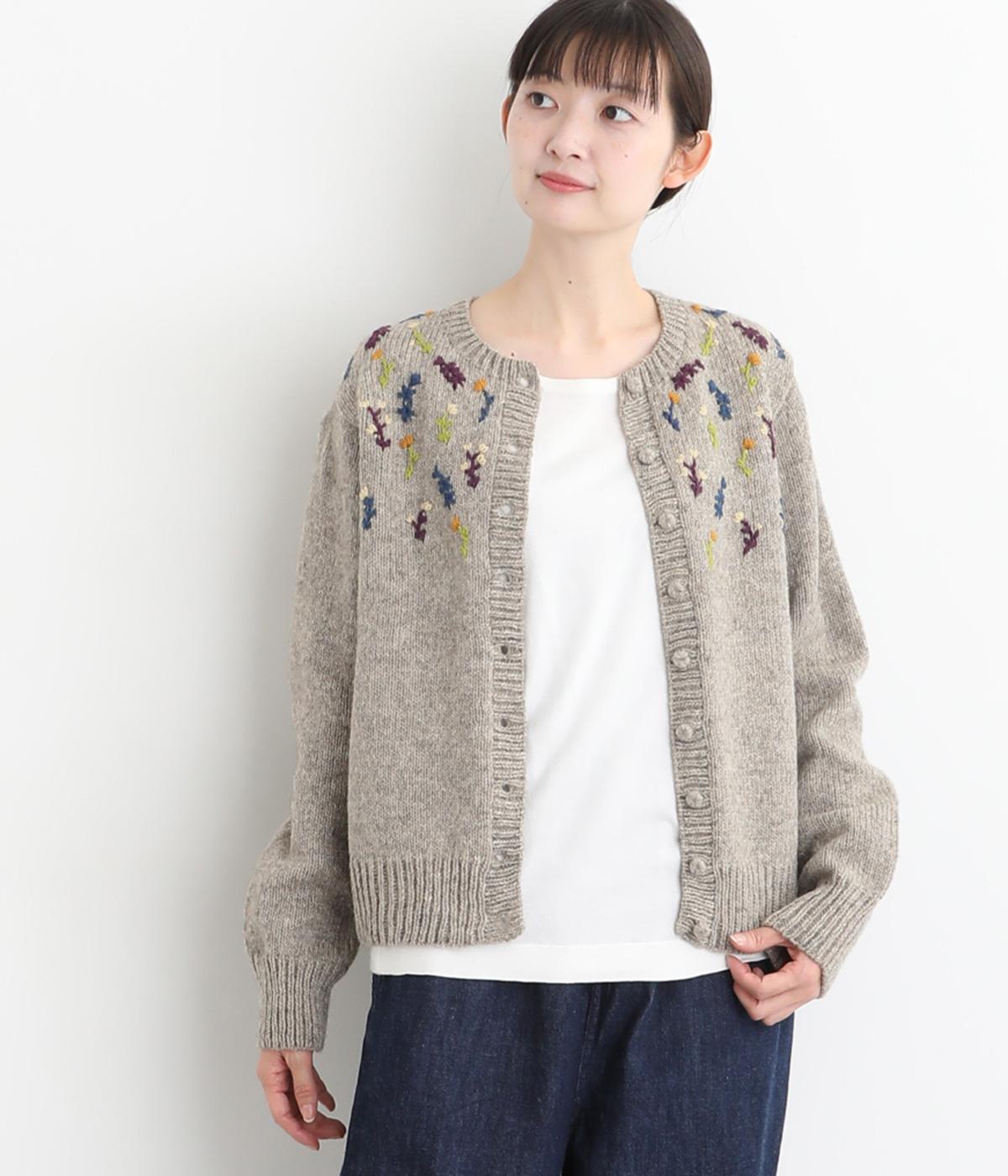 ウール細番手花柄手刺繍ニットカーディガン(ライトグレー-F)