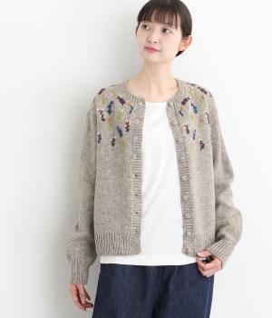 ウール細番手花柄手刺繍ニットカーディガン(ライトグレー-F)