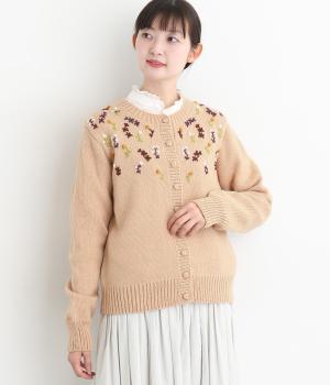 ウール細番手花柄手刺繍ニットカーディガン(ベージュ-F)