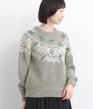 アルパカウール手編み花刺繍求心柄ニットプルオーバー(ライトグレー-F)