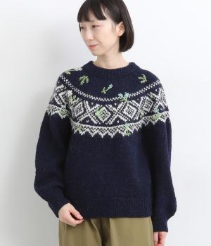 アルパカウール手編み花刺繍求心柄ニットプルオーバー(ネイビー-F)