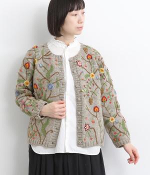 ウール細番手ガーデン手刺繍ニットカーディガン(ライトグレー-F)