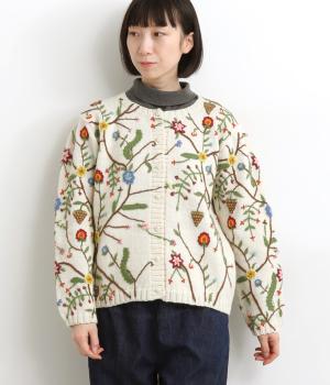 ウール細番手ガーデン手刺繍ニットカーディガン(オフホワイト-F)