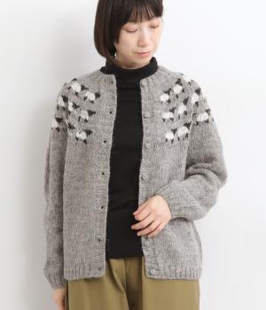手紡ぎアルパカニットヒツジ柄カーディガン(グレー-F)