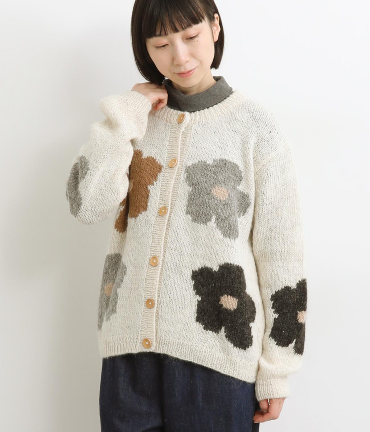 手紡ぎアルパカニット花柄カーディガン(ホワイト-F)