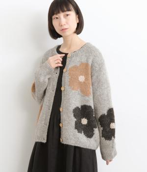 手紡ぎアルパカニット花柄カーディガン(グレー-F)