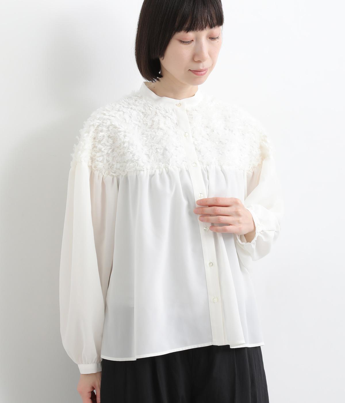 プードルカットジャカードスタンド切替ギャザーブラウス(アイボリー-F)