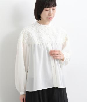 プードルカットジャカードスタンド切替ギャザーブラウス(アイボリー-F)