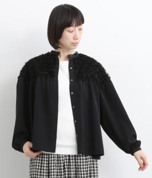 プードルカットジャカードスタンド切替ギャザーブラウス(ブラック-F)
