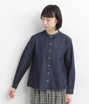 10ozデニムフリル付きブラウス(インディゴネイビー-F)