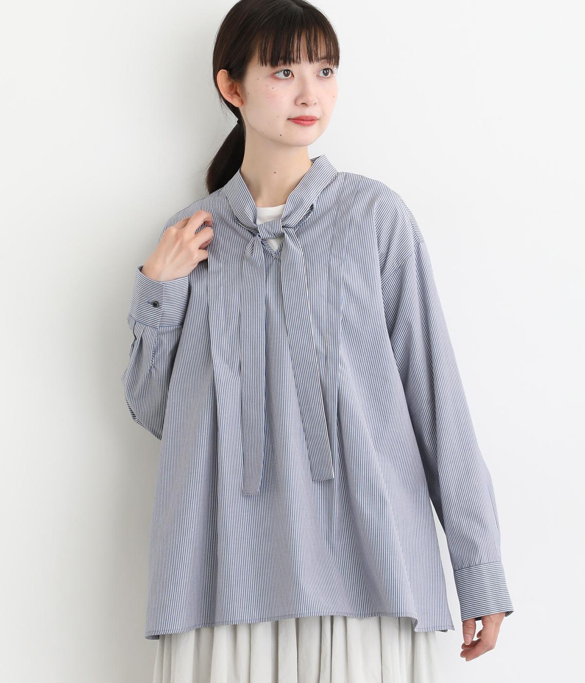 ストライプリボンプルオーバーシャツブラウス(ネイビー-F)