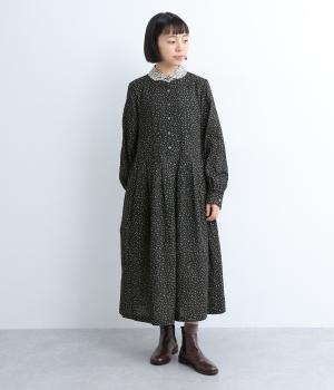 コットン接結ジャカードモノトーンラウンドカラ―すっきり見えワンピース