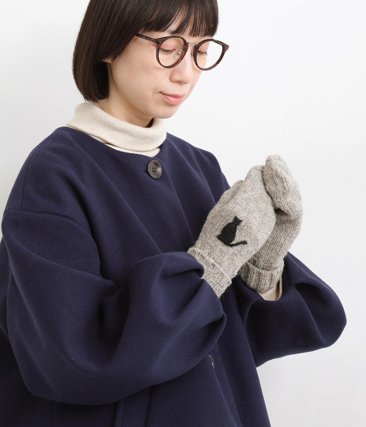 ウール手編み細番手ネコ手刺繍手袋(ライトグレー-F)