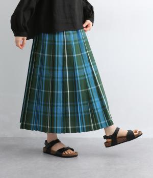 タイプライターチェック　ダブルプリーツスカート(グリーン-F)