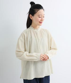 チェックスタンドフリルスキッパーブラウス(オフホワイト×ベージュ-F)