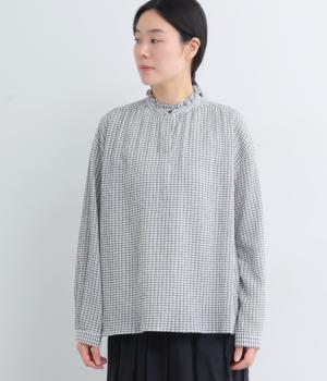チェックスタンドフリルスキッパーブラウス(オフホワイト×ネイビー-F)