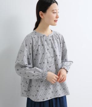 コットンオリジナルプリント　シャーリングブラウス(ストライプ-F)