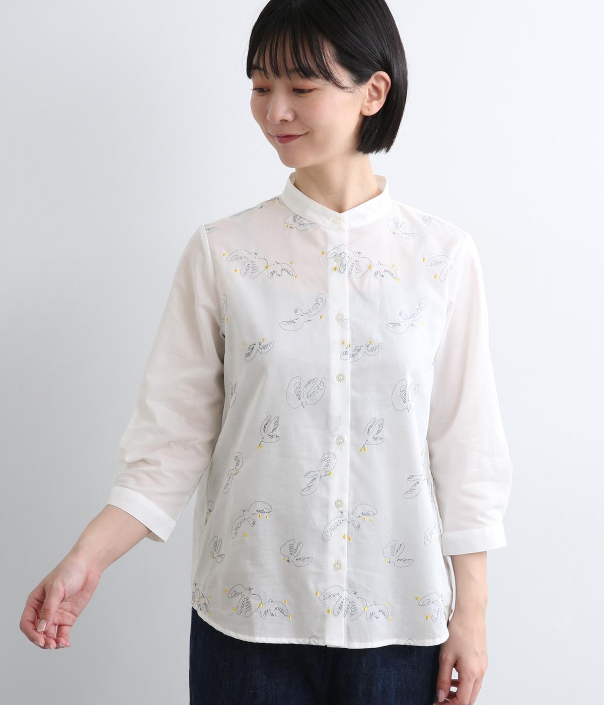 コットンローン刺繍　スタンドカラーレギュラーシャツ(オフトリ-F)