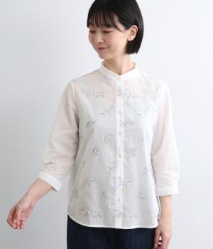 コットンローン刺繍　スタンドカラーレギュラーシャツ(オフトリ-F)