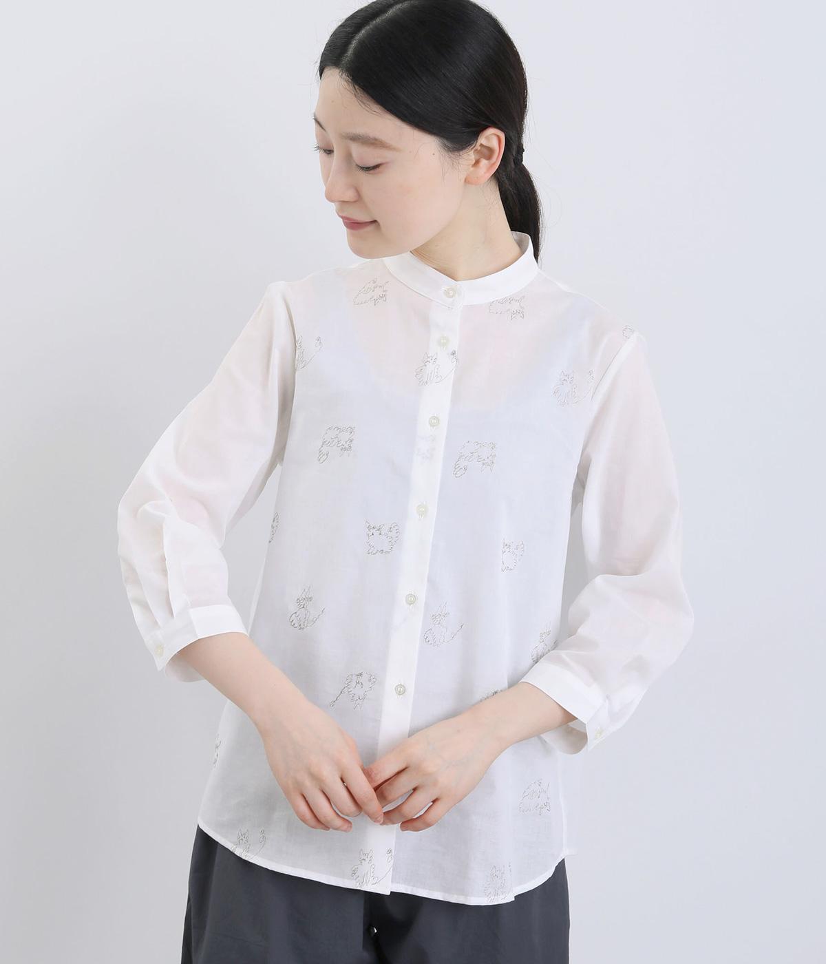 コットンローン刺繍　スタンドカラーレギュラーシャツ(オフネコ-F)